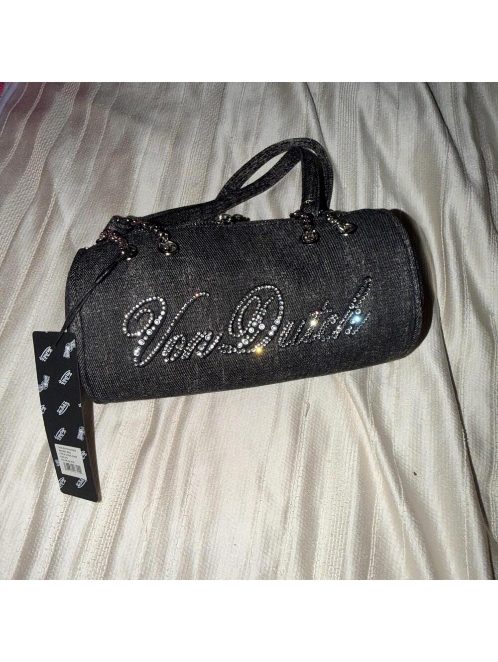 Von Dutch Black Denim Rhinestone Barrel Bag